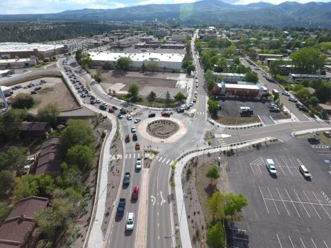 aerial photograph of the Los Alamos downtown round-about.