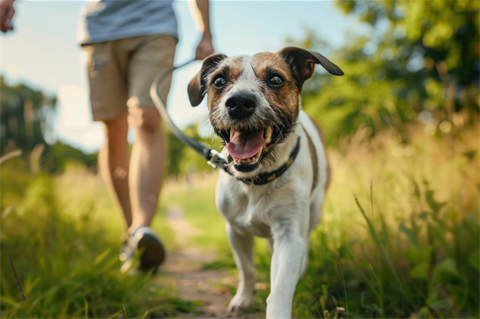 From a dog's perspective, a photograph of a small white dog with brown markings on a leash walking on a trail. The male dog owner, holding the leash is blurred in the background. 