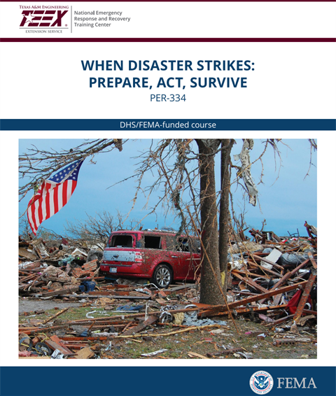 A photograph of a red SUV amidst debris from either a hurricane or tornado. An American flag is stuck in a tree branches.