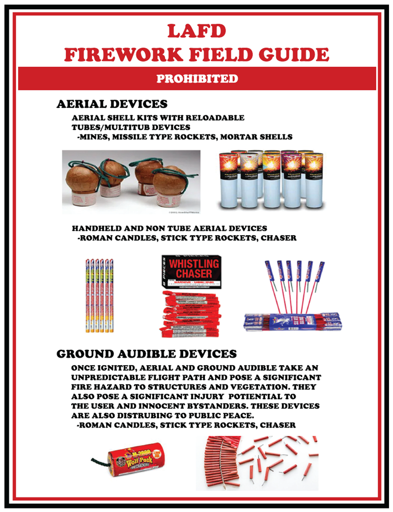 Images of fireworks that are prohibited including aerial devices such as aerial shell kits with reloadable tubes, multitub devices, mines, missile type rockets and mortar shells. Handheld non tube aerial devices, roman candles, stick type rockets and chasters. 