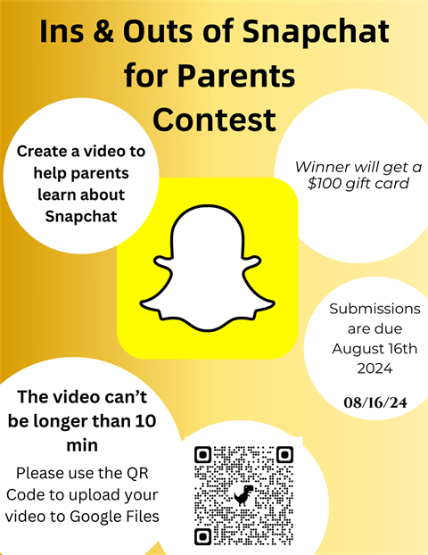 Yellow flyer with the Snapchat ghost image centered in the page with text bubbles 