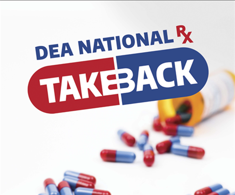 Photograph of a blurred pill bottle that has toppled with red and blue drug capsules spilled in the foreground. Text over a graphic red & blue capsule says 