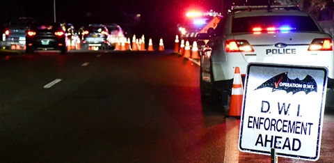 DWI Enforcement sign with a police roadblock in the background