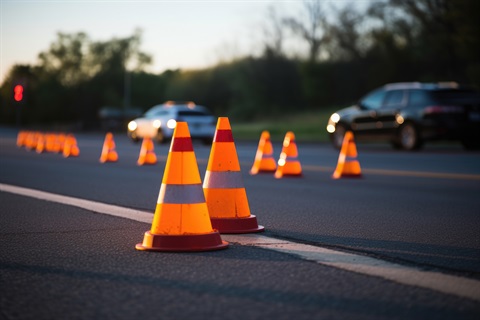 Photo of the street with orange caution cones directing traffic towards police vehicles.