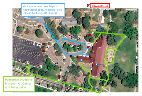 Fuller Lodge Parking and Pedestrian Map During Bathtub Row Project showing the designated parking, pedestrian detours, and drop off point