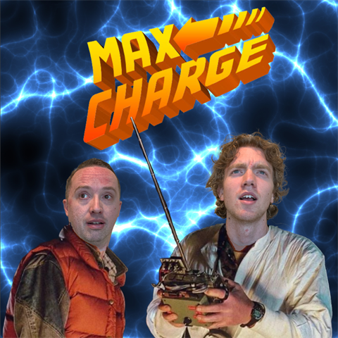 Marty McFly and Doc Brown with Max Charge logo